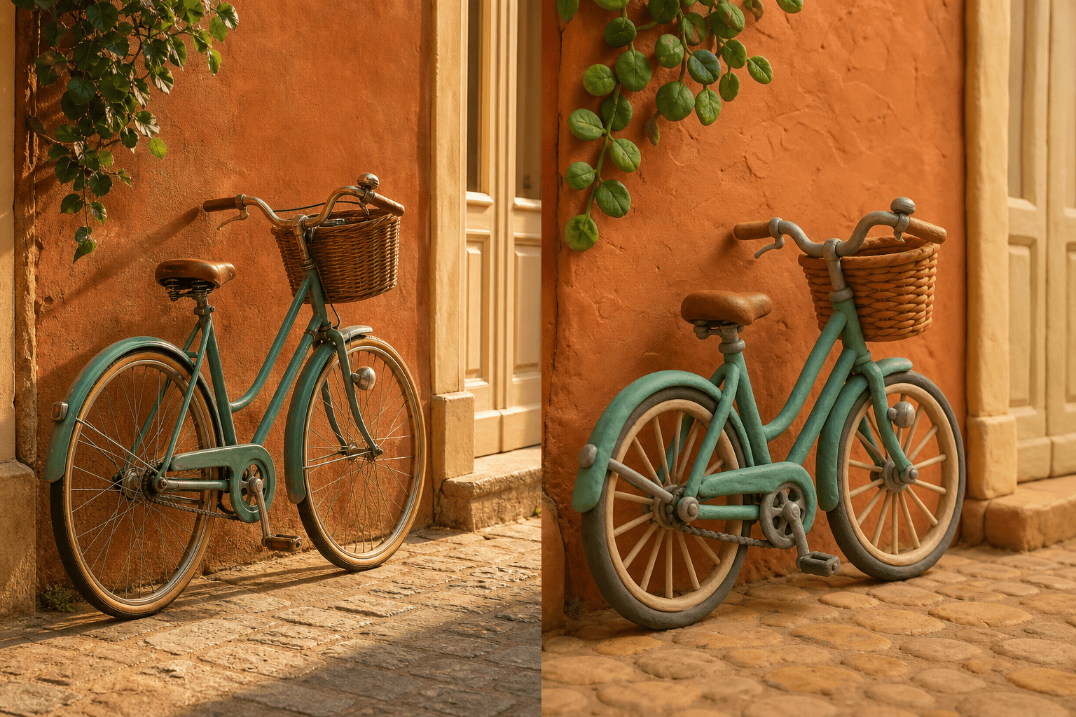 Before and after comparison of a vintage bicycle transformed into claymation