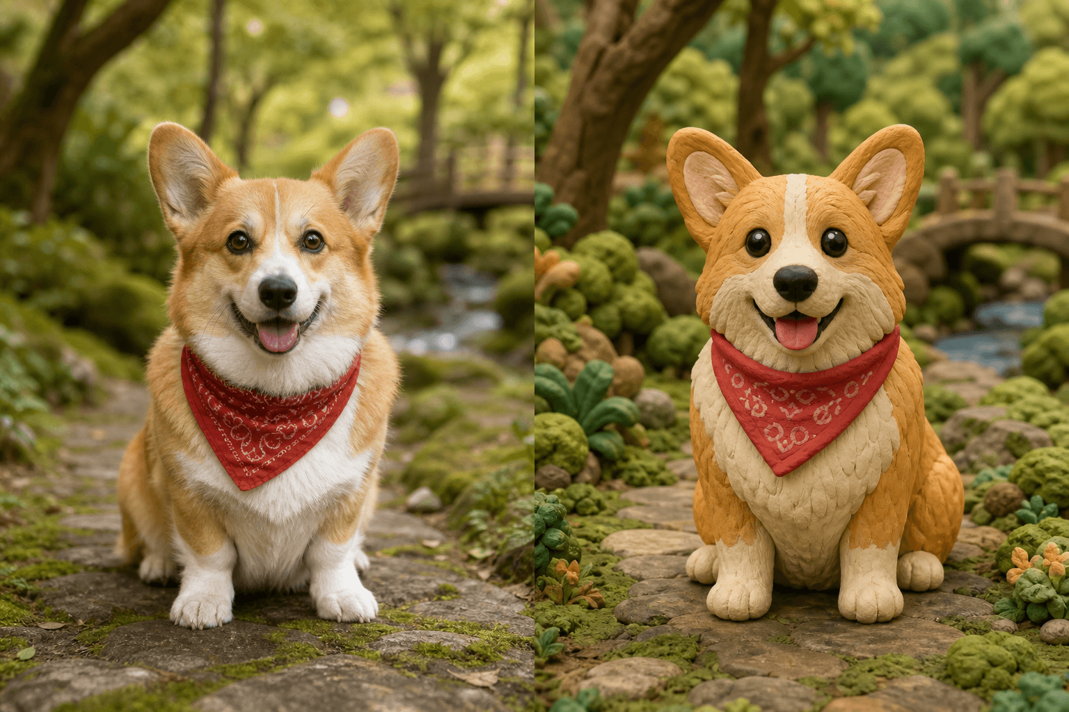 Before and after comparison of a corgi transformed into claymation