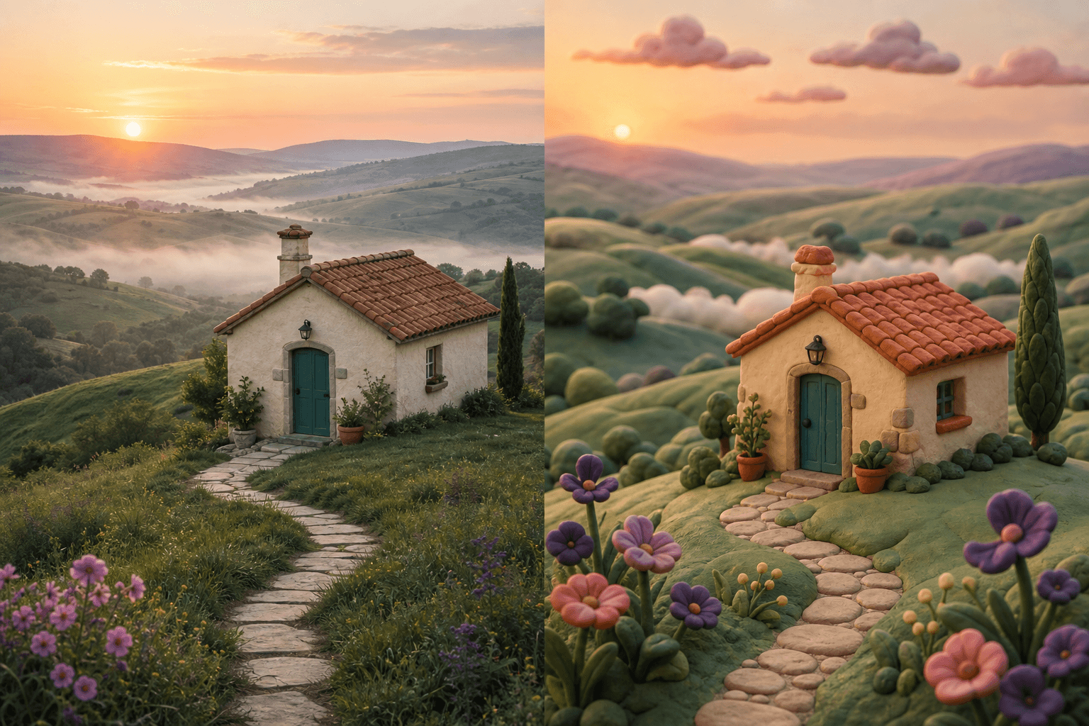 Before and after comparison of a country cottage transformed into claymation