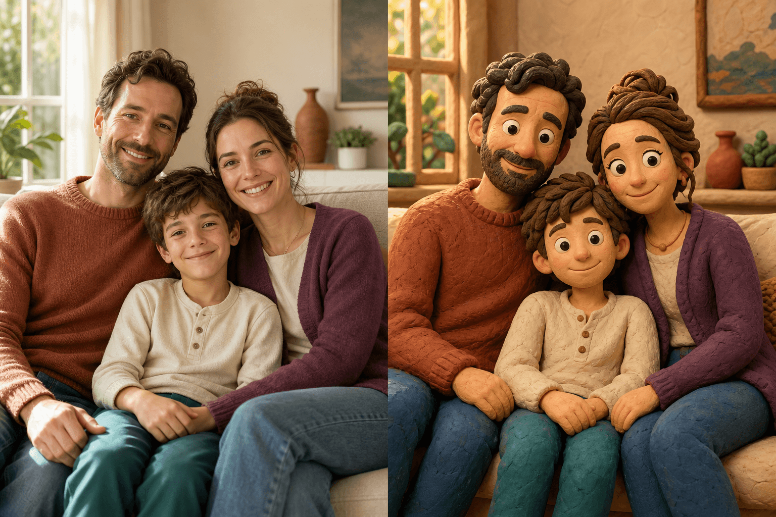 Before and after comparison of a family portrait transformed into claymation