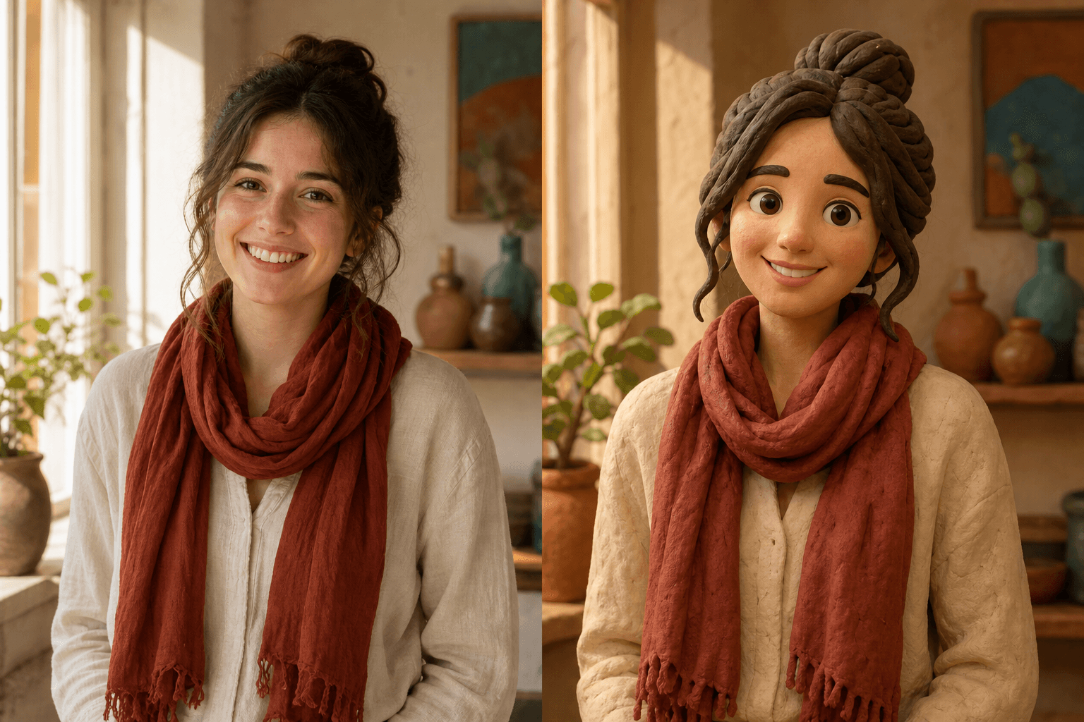 Before and after comparison of a smiling portrait transformed into claymation