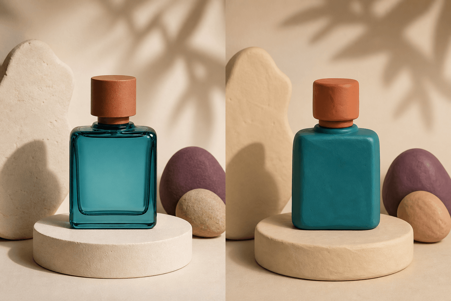 Before and after comparison of a perfume bottle transformed into claymation