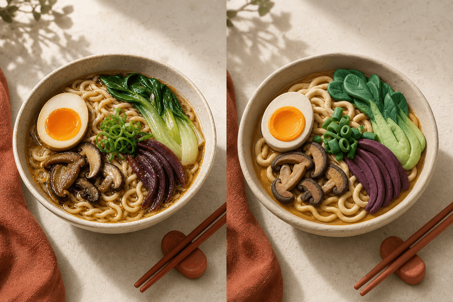 Before and after comparison of a ramen bowl transformed into claymation