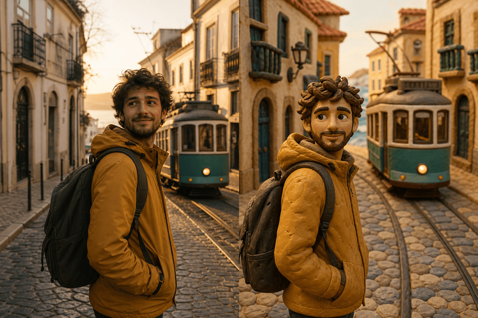 Before and after comparison of a traveler and tram transformed into claymation