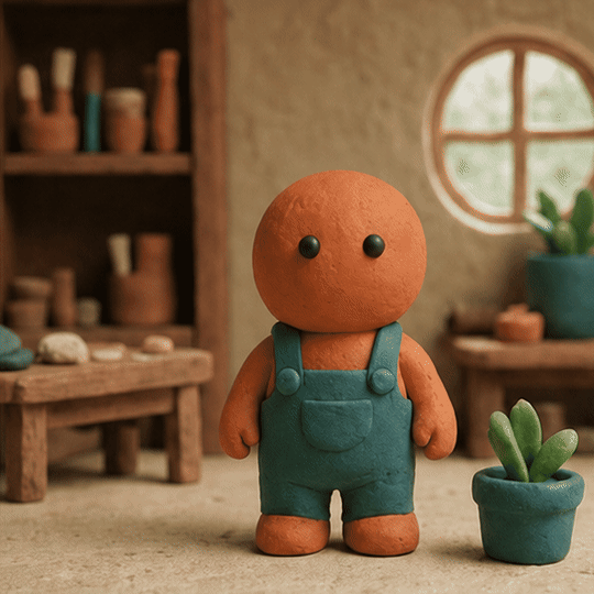An original clay character waves and blinks in a miniature workshop